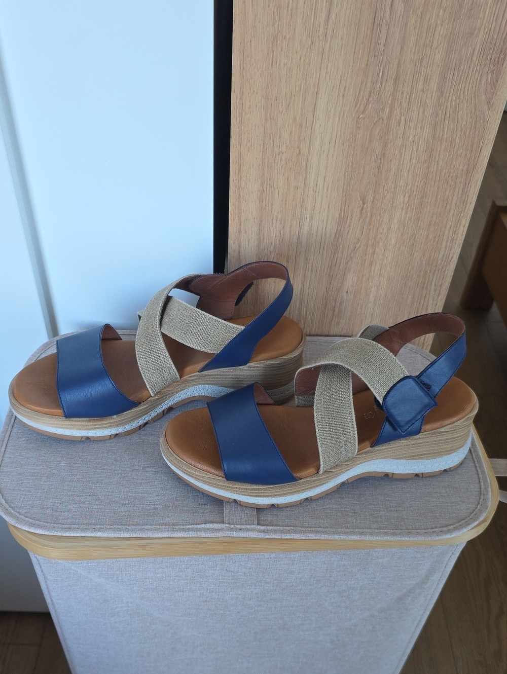 Women Navy and Tan Cross-Strap Sandals .